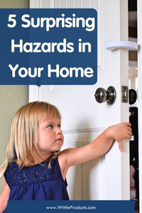 Five Surprising Hazards in Your Home | 1. Mini Blind Cords, 2. Electrical Outlets, 3. Bookshelves, 4. Hot Bathwater Nozzles, 5. Door Safety